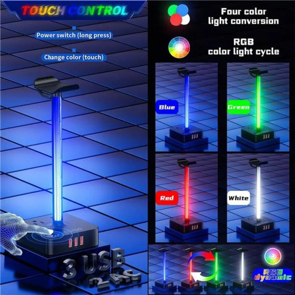 RGB Headphone Stand with USB Charger Desktop Gaming Headset Holder Hanger Gaming